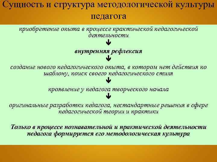 Сущность и структура методологической культуры педагога приобретение опыта в процессе практической педагогической деятельности внутренняя