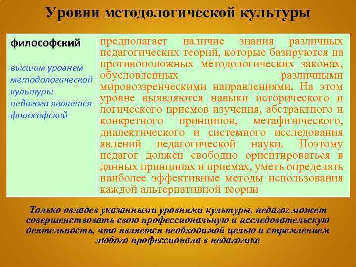 Уровни методологической культуры предполагает наличие знания различных педагогических теорий, которые базируются на противоположных методологических