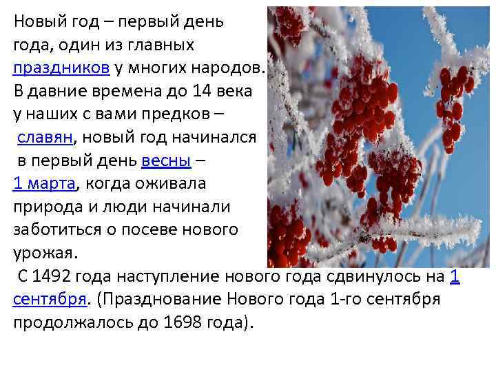 Новый год – первый день года, один из главных праздников у многих народов. В