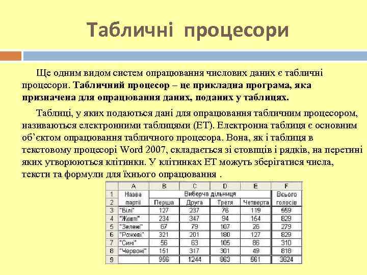 Табличні процесори Ще одним видом систем опрацювання числових даних є табличні процесори. Табличний процесор