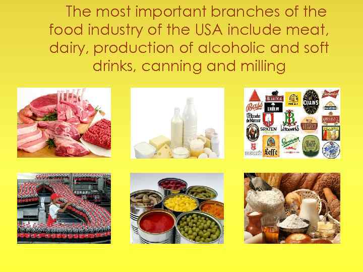 The most important branches of the food industry of the USA include meat, dairy,