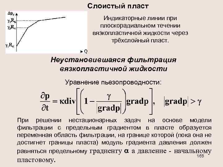 Слоистый пласт Индикаторные линии при плоскорадиальном течении вязкопластичной жидкости через трёхслойный пласт. Неустановившаяся фильтрация