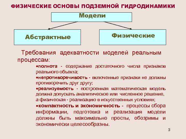 ФИЗИЧЕСКИЕ ОСНОВЫ ПОДЗЕМНОЙ ГИДРОДИНАМИКИ Модели Абстрактные Физические Требования адекватности моделей реальным процессам: ·полнота -