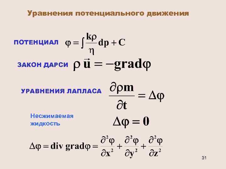 Уравнения потенциального движения ПОТЕНЦИАЛ ЗАКОН ДАРСИ УРАВНЕНИЯ ЛАПЛАСА Несжимаемая жидкость 31 