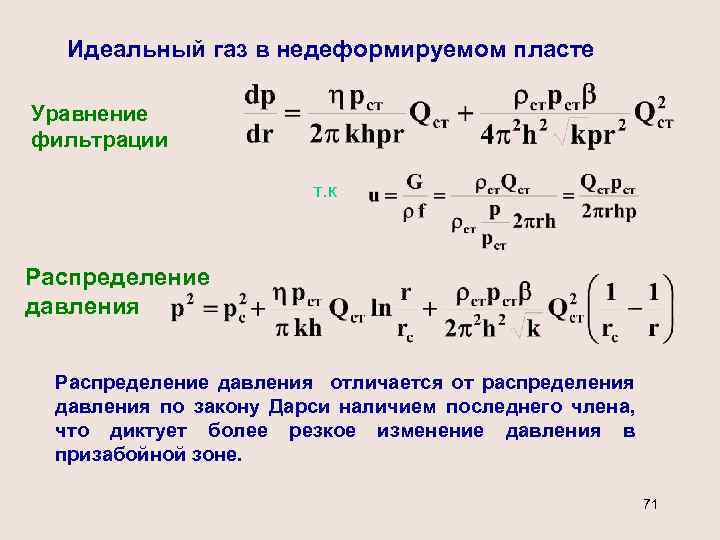 Идеальный газ в недеформируемом пласте Уравнение фильтрации т. к Распределение давления отличается от распределения