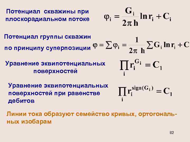 Потенциал скважины при плоскорадиальном потоке Потенциал группы скважин по принципу суперпозиции Уравнение эквипотенциальных поверхностей