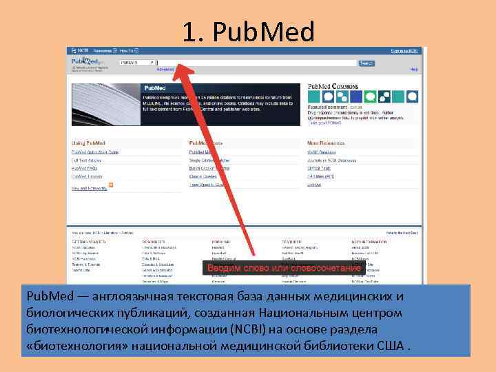 1. Pub. Med — англоязычная текстовая база данных медицинских и биологических публикаций, созданная Национальным