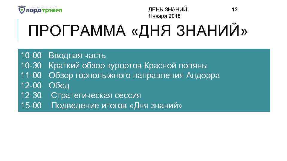 ДЕНЬ ЗНАНИЙ Января 2018 13 ПРОГРАММА «ДНЯ ЗНАНИЙ» 10 -00 10 -30 11 -00