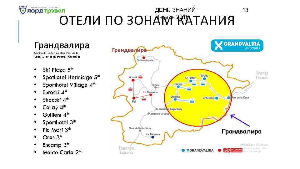 ДЕНЬ ЗНАНИЙ Января 2018 ОТЕЛИ ПО ЗОНАМ КАТАНИЯ Грандвалира Canillo, El Tarter, Soldeu, Pas
