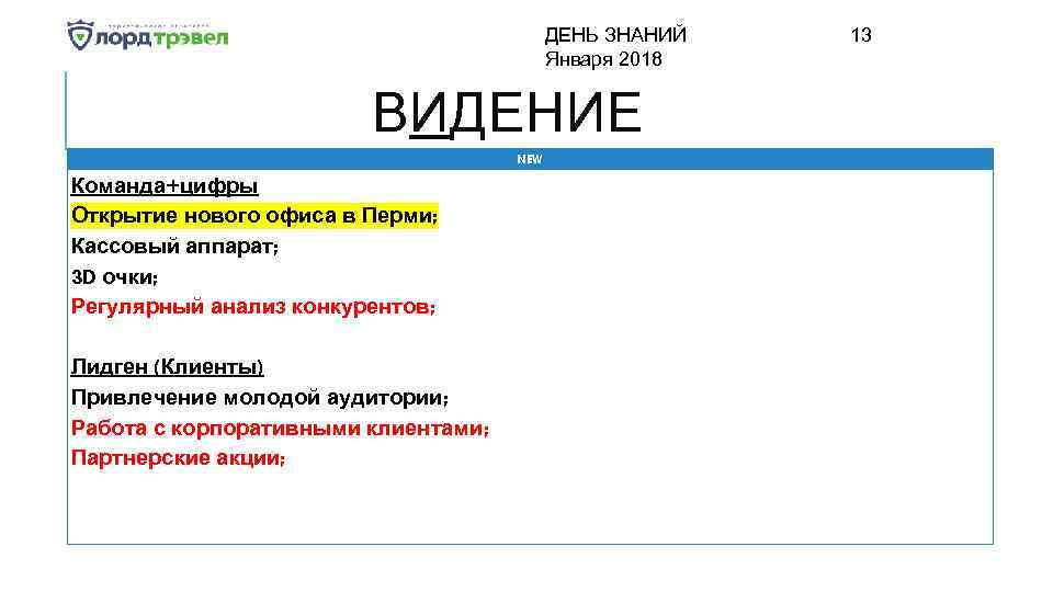ДЕНЬ ЗНАНИЙ Января 2018 ВИДЕНИЕ NEW Команда+цифры Открытие нового офиса в Перми; Кассовый аппарат;