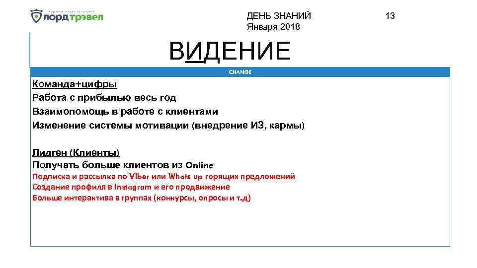 ДЕНЬ ЗНАНИЙ Января 2018 ВИДЕНИЕ CHANGE Команда+цифры Работа с прибылью весь год Взаимопомощь в