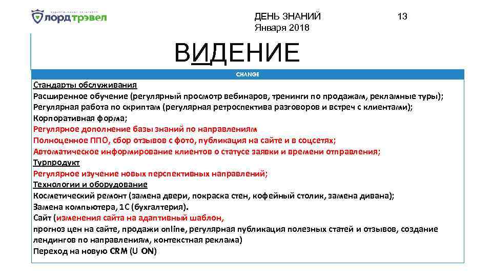 ДЕНЬ ЗНАНИЙ Января 2018 13 ВИДЕНИЕ CHANGE Стандарты обслуживания Расширенное обучение (регулярный просмотр вебинаров,