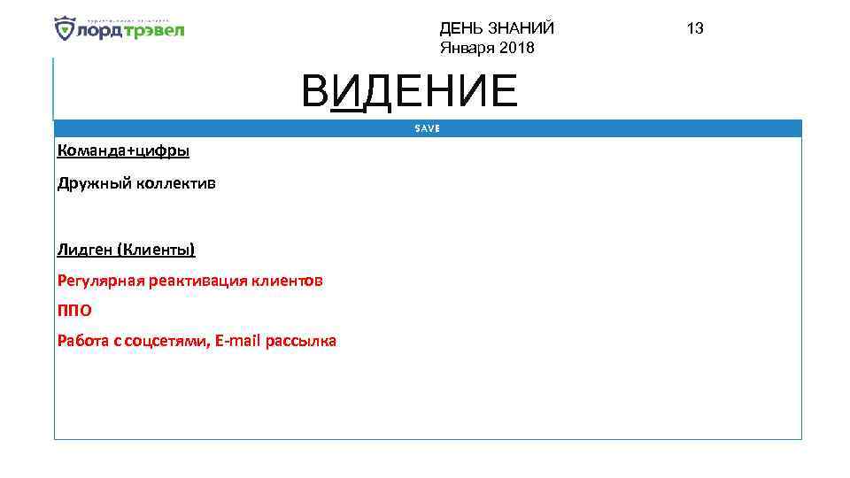 ДЕНЬ ЗНАНИЙ Января 2018 ВИДЕНИЕ SAVE Команда+цифры Дружный коллектив Лидген (Клиенты) Регулярная реактивация клиентов