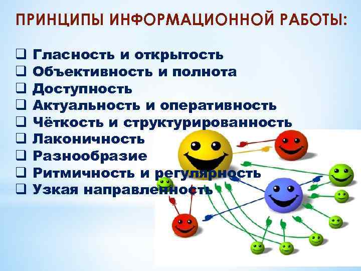 ПРИНЦИПЫ ИНФОРМАЦИОННОЙ РАБОТЫ: q q q q q Гласность и открытость Объективность и полнота