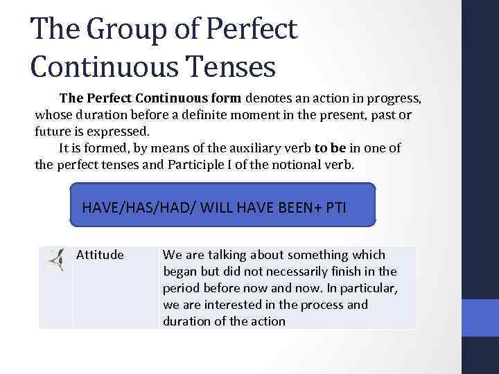 The Group of Perfect Continuous Tenses The Perfect Continuous form denotes an action in