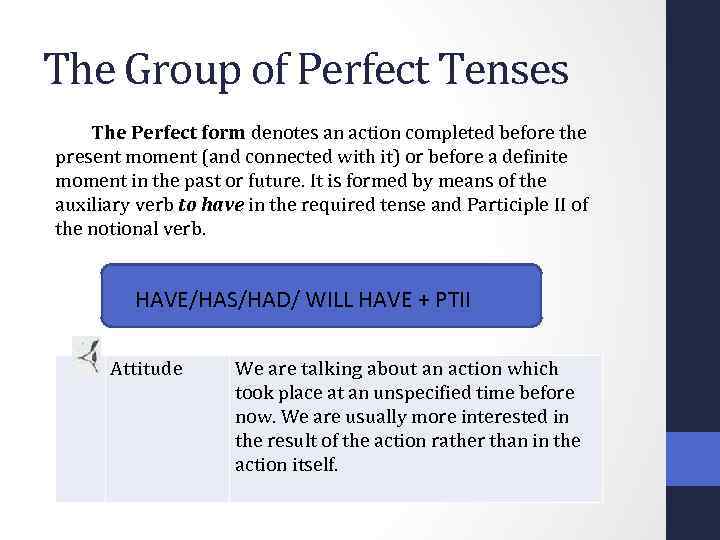 The Group of Perfect Tenses The Perfect form denotes an action completed before the