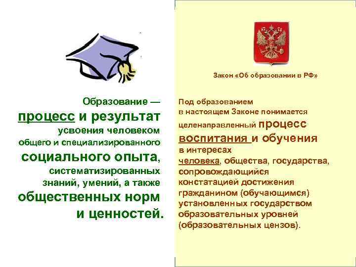Закон «Об образовании в РФ» Образование — процесс и результат усвоения человеком общего и