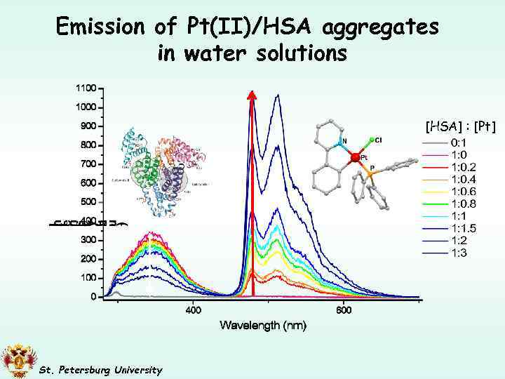 Emission of Pt(II)/HSA aggregates in water solutions [HSA] : [Pt] St. Petersburg University 