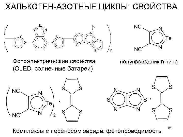 ХАЛЬКОГЕН-АЗОТНЫЕ ЦИКЛЫ: СВОЙСТВА Фотоэлектрические свойства (OLED, солнечные батареи) . полупроводник n-типа . Комплексы с