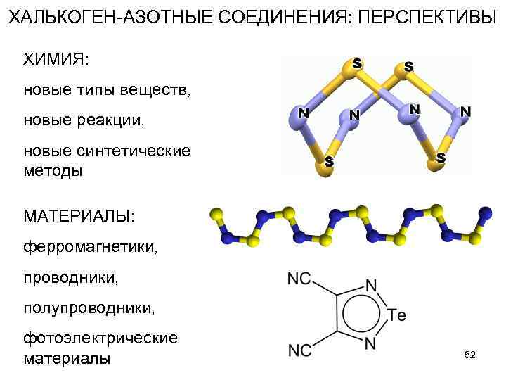 ХАЛЬКОГЕН-АЗОТНЫЕ СОЕДИНЕНИЯ: ПЕРСПЕКТИВЫ ХИМИЯ: новые типы веществ, новые реакции, новые синтетические методы МАТЕРИАЛЫ: ферромагнетики,