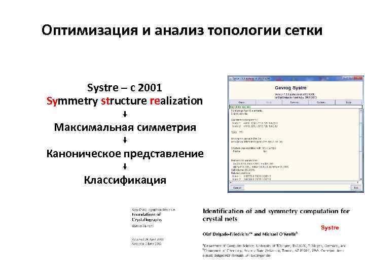 Оптимизация и анализ топологии сетки Systre – с 2001 Symmetry structure realization Максимальная симметрия