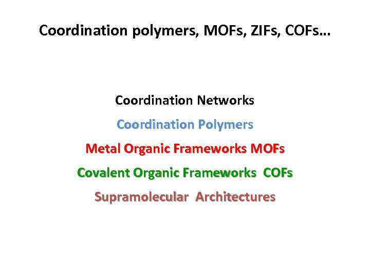 Coordination polymers, MOFs, ZIFs, COFs… Coordination Networks Coordination Polymers Metal Organic Frameworks MOFs Covalent