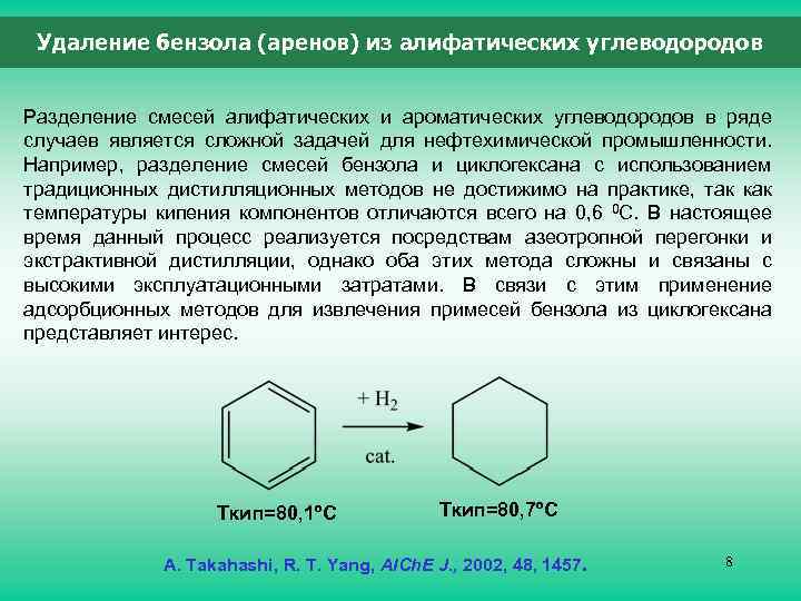 Удаление бензола (аренов) из алифатических углеводородов Разделение смесей алифатических и ароматических углеводородов в ряде