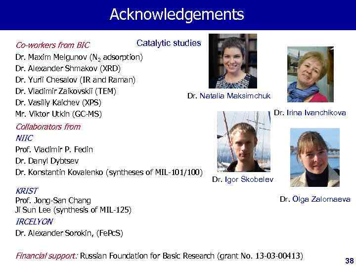 Acknowledgements Co-workers from BIC Catalytic studies Dr. Maxim Melgunov (N 2 adsorption) Dr. Alexander