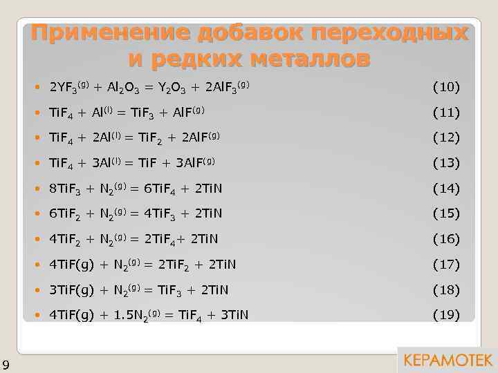 Применение добавок переходных и редких металлов (10) Ti. F 4 + Al(l) = Ti.