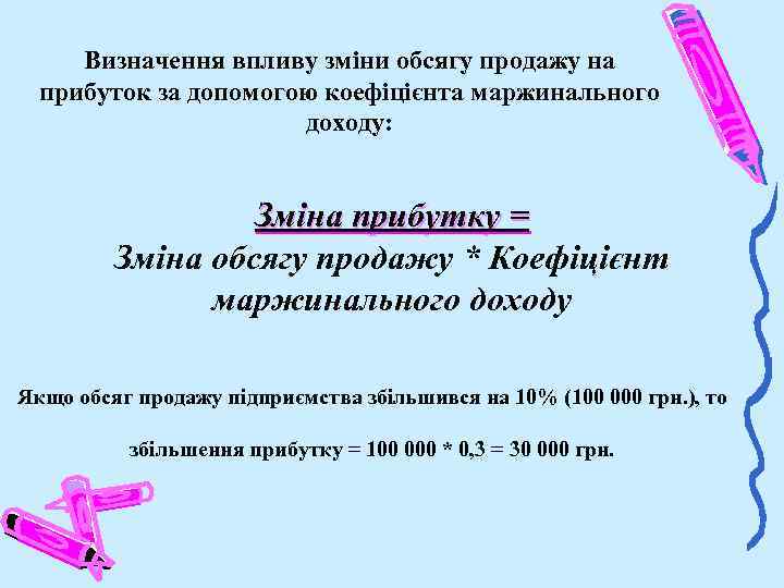 Визначення впливу зміни обсягу продажу на прибуток за допомогою коефіцієнта маржинального доходу: Зміна прибутку