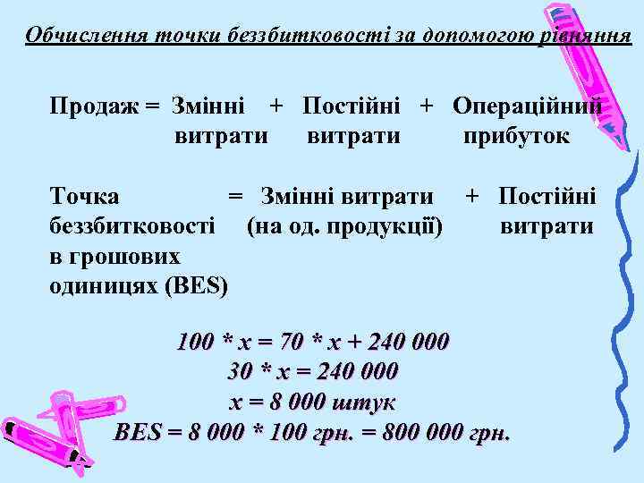 Обчислення точки беззбитковості за допомогою рівняння Продаж = Змінні + Постійні + Операційний витрати