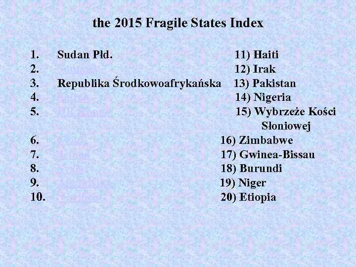 the 2015 Fragile States Index 1. Sudan Płd. 11) Haiti 2. Somalia 12) Irak