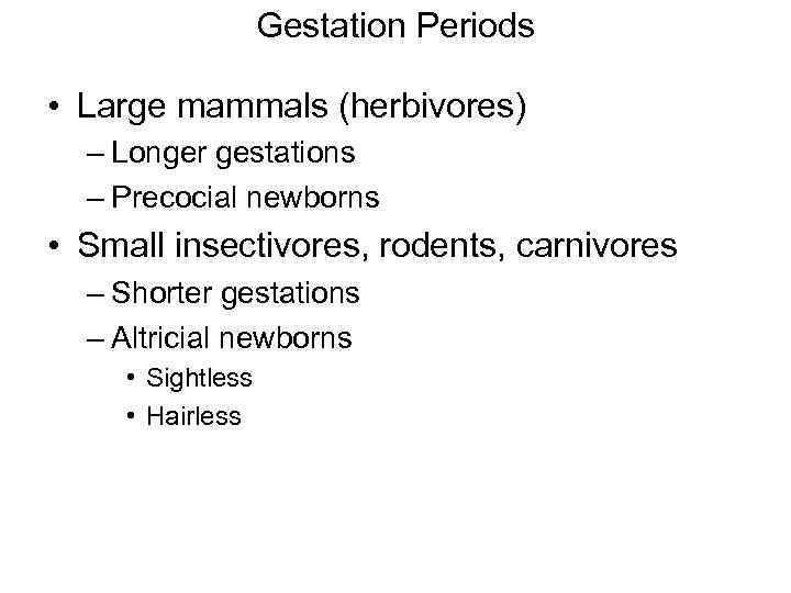 Gestation Periods • Large mammals (herbivores) – Longer gestations – Precocial newborns • Small