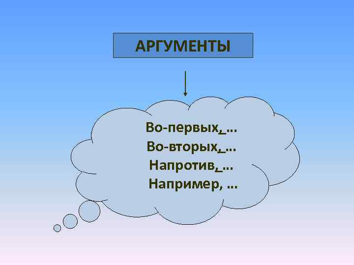 АРГУМЕНТЫ Во-первых, … Во-вторых, … Напротив, … Например, … 