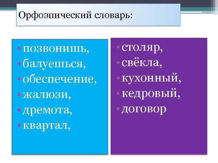 Орфоэпический словарь: • позвонишь, • балуешься, • обеспечение, • жалюзи, • дремота, • квартал,