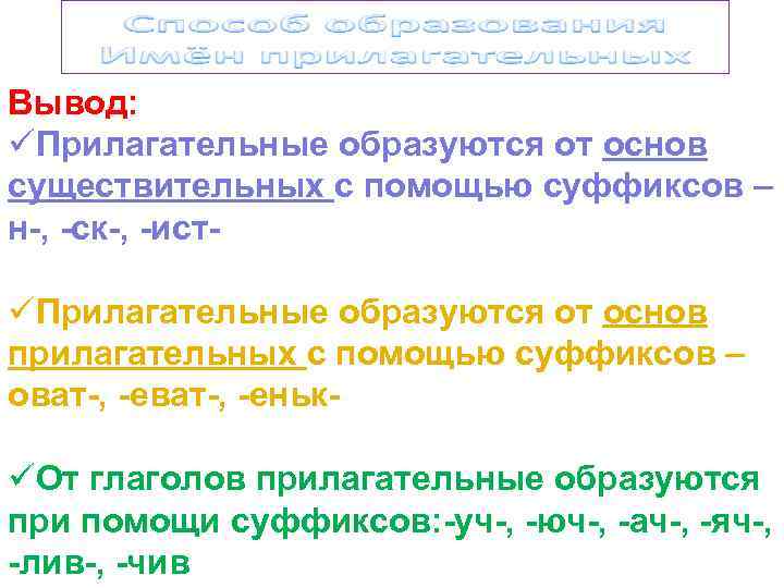 Вывод: üПрилагательные образуются от основ существительных с помощью суффиксов – н-, -ск-, -ист- üПрилагательные