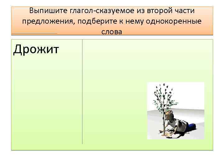 Выпишите глагол-сказуемое из второй части предложения, подберите к нему однокоренные слова Дрожит 