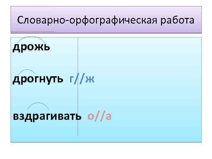 Словарно-орфографическая работа дрожь дрогнуть г//ж вздрагивать о//а 