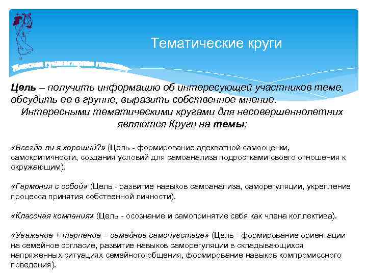 Тематические круги Цель – получить информацию об интересующей участников теме, обсудить ее в группе,