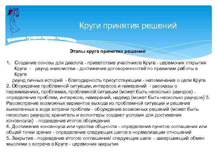 Круги принятия решений Этапы круга принятия решений 1. Создание основы для диалога приветствие участников