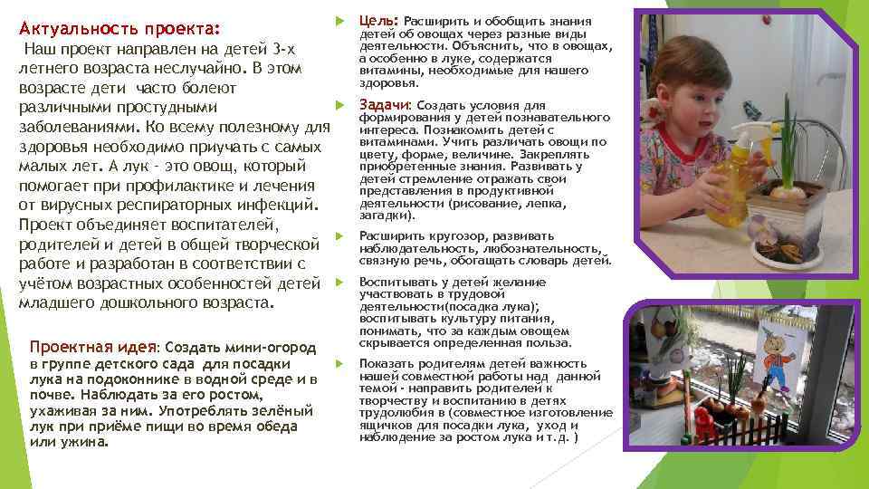 Актуальность проекта: Цель: Расширить и обобщить знания детей об овощах через разные виды деятельности.
