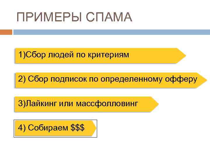 ПРИМЕРЫ СПАМА 1)Сбор людей по критериям 2) Сбор подписок по определенному офферу 3)Лайкинг или