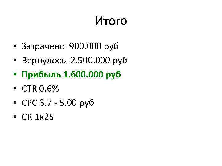 Итого • • • Затрачено 900. 000 руб Вернулось 2. 500. 000 руб Прибыль