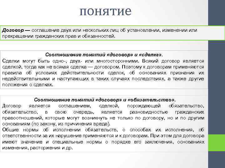 понятие Договор — соглашение двух или нескольких лиц об установлении, изменении или прекращении гражданских