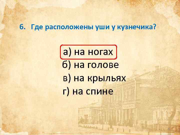 6. Где расположены уши у кузнечика? а) на ногах б) на голове в) на