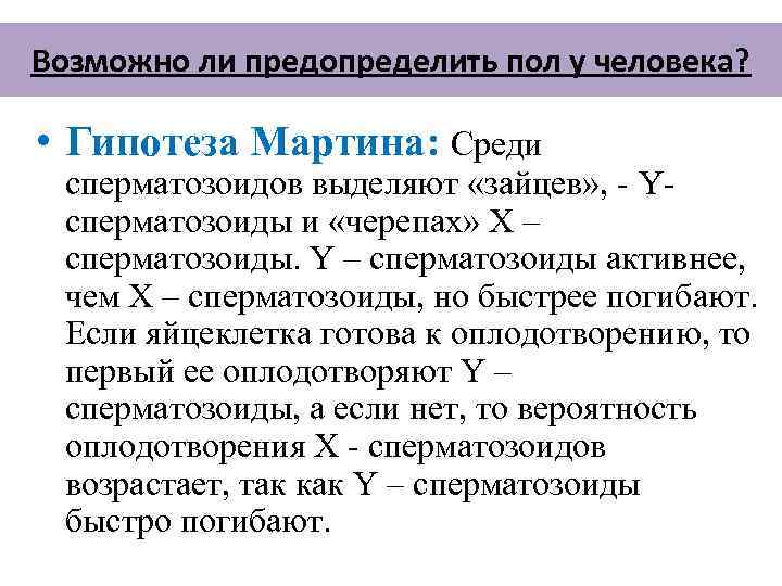 Возможно ли предопределить пол у человека? • Гипотеза Мартина: Среди сперматозоидов выделяют «зайцев» ,