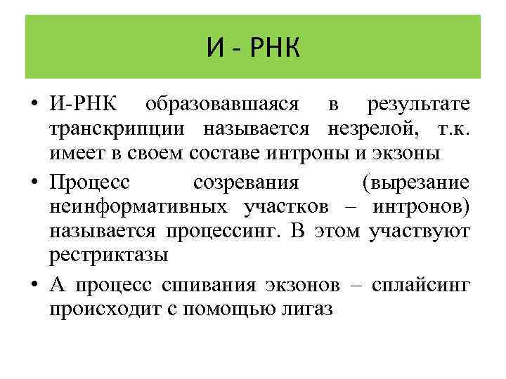 И - РНК • И-РНК образовавшаяся в результате транскрипции называется незрелой, т. к. имеет