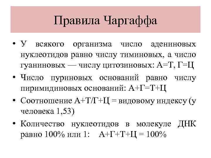 Правила Чаргаффа • У всякого организма число адениновых нуклеотидов равно числу тиминовых, а число