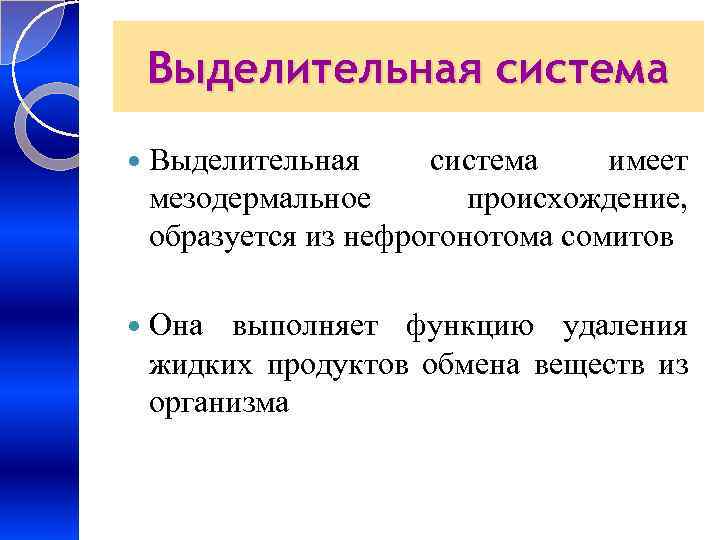 Выделительная система имеет мезодермальное происхождение, образуется из нефрогонотома сомитов Она выполняет функцию удаления жидких