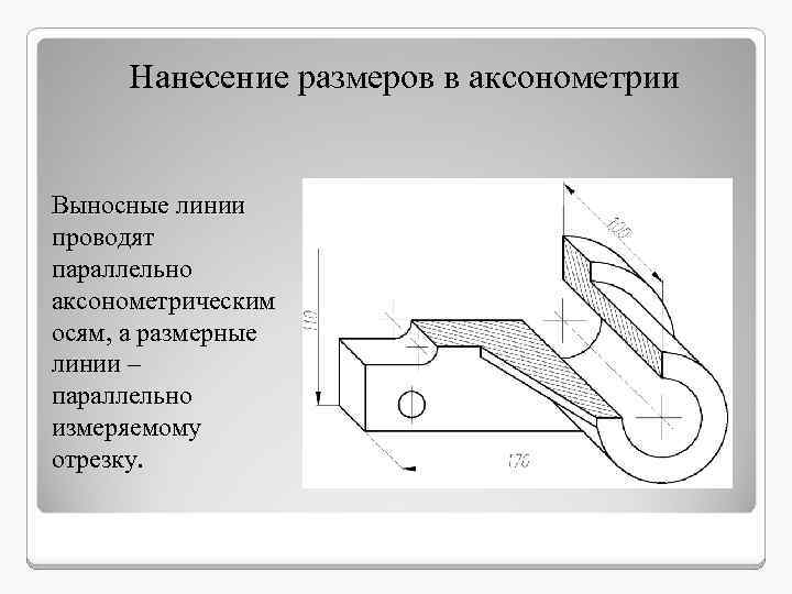 Нанесение размеров в аксонометрии Выносные линии проводят параллельно аксонометрическим осям, а размерные линии –